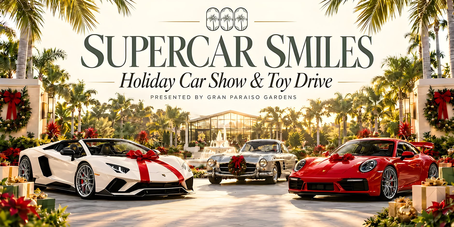 Supercar Smiles — Holiday Car Show and Toy Drive, presented by Gran Paraiso Gardens. Three supercars wearing red bows parked in a sunlit palm garden decorated for the holidays.